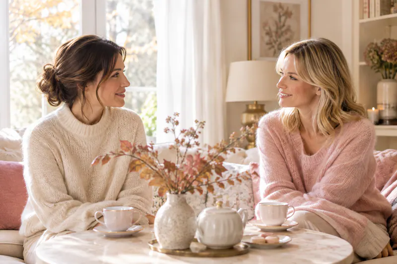 Deux amies adultes échangent autour d’un thé dans un salon lumineux aux tons crème et rose poudré.