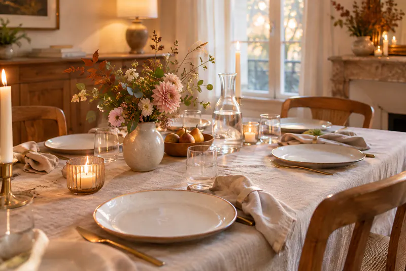 Table de dîner accueillante avec vaisselle en céramique, fleurs de saison, serviettes en lin et lumière de bougies.