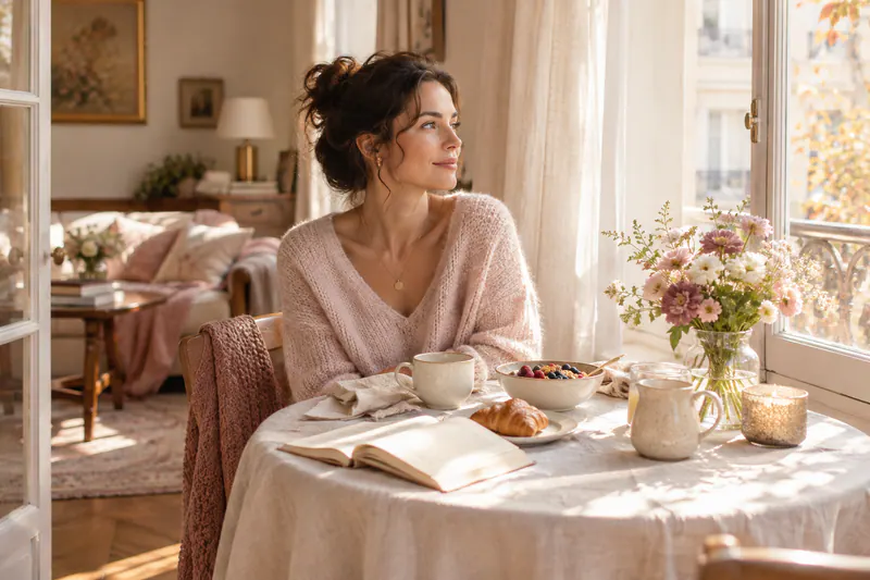 Femme adulte savourant un petit-déjeuner seule, près d’un livre et de fleurs dans une lumière d’automne.