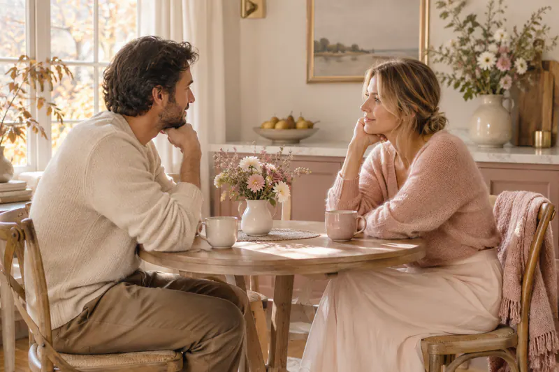 Un couple adulte échange calmement autour d’une petite table dans une lumière d’automne douce.