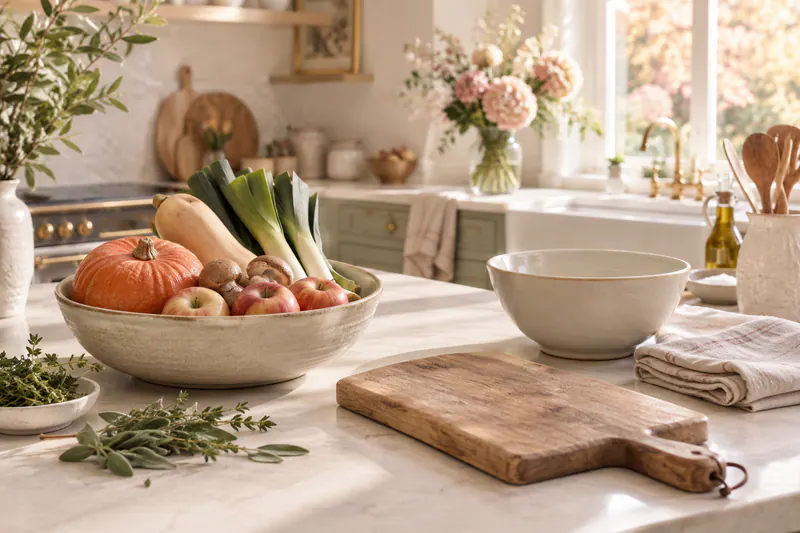 Légumes d’automne, planche en bois et saladier dans une cuisine lumineuse aux tons doux.