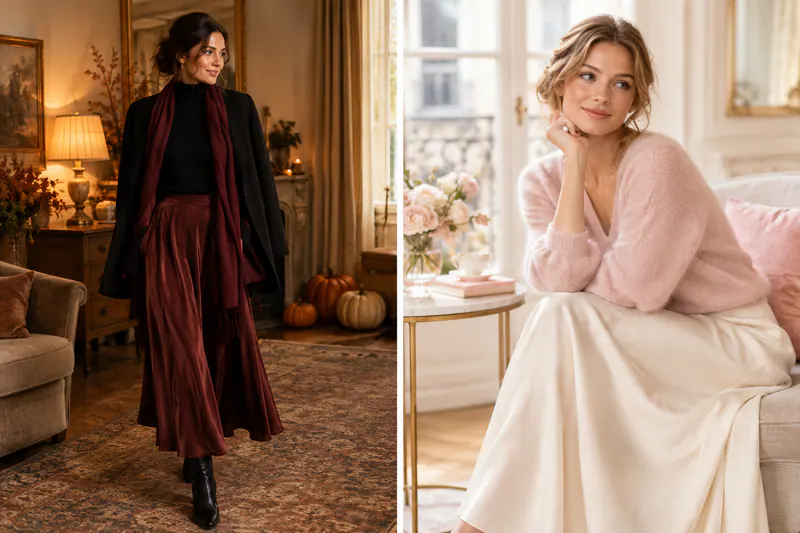 Femme en tenue noire chic rehaussée de bordeaux dans un intérieur chaleureux décoré de citrouilles.